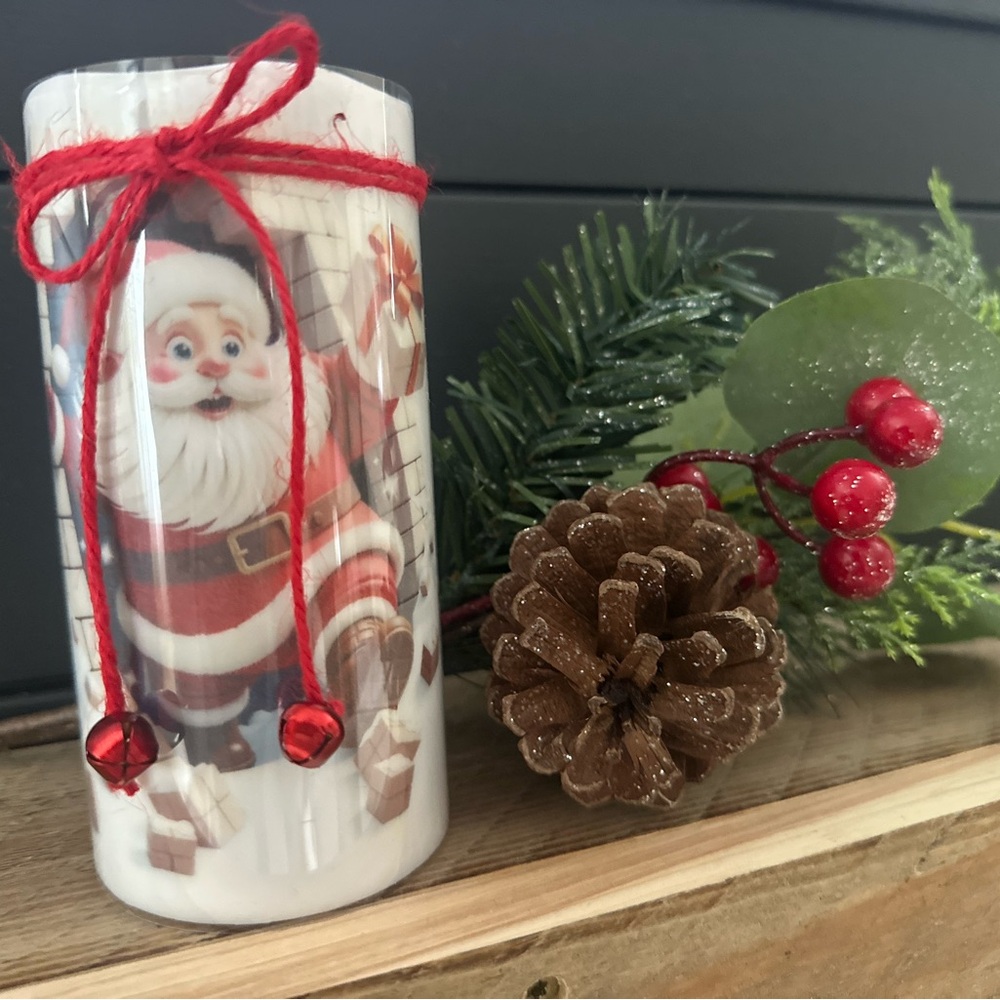 Festive  LES Santa Holiday Candle with Red Accents